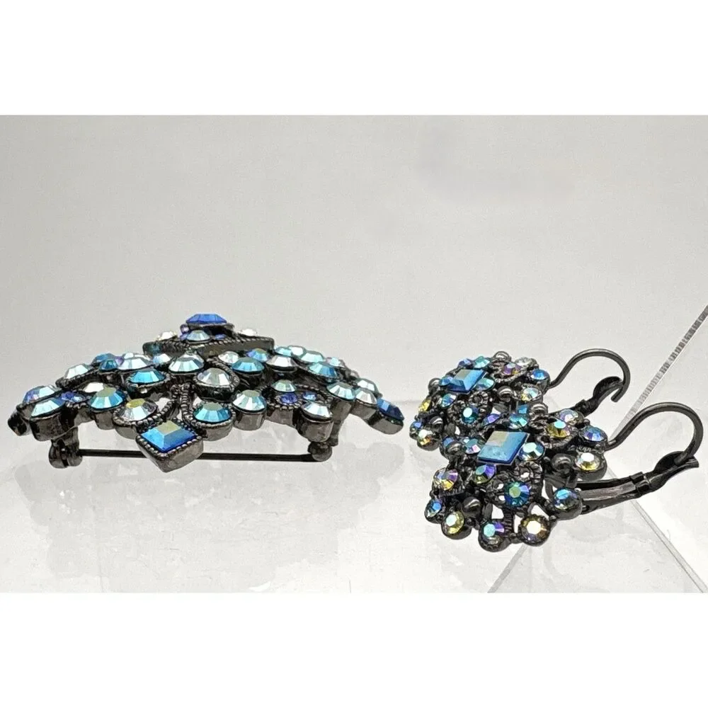 Joan Rivers Blue Rhinestone Brooch Earrings Set AB crystals classic collection